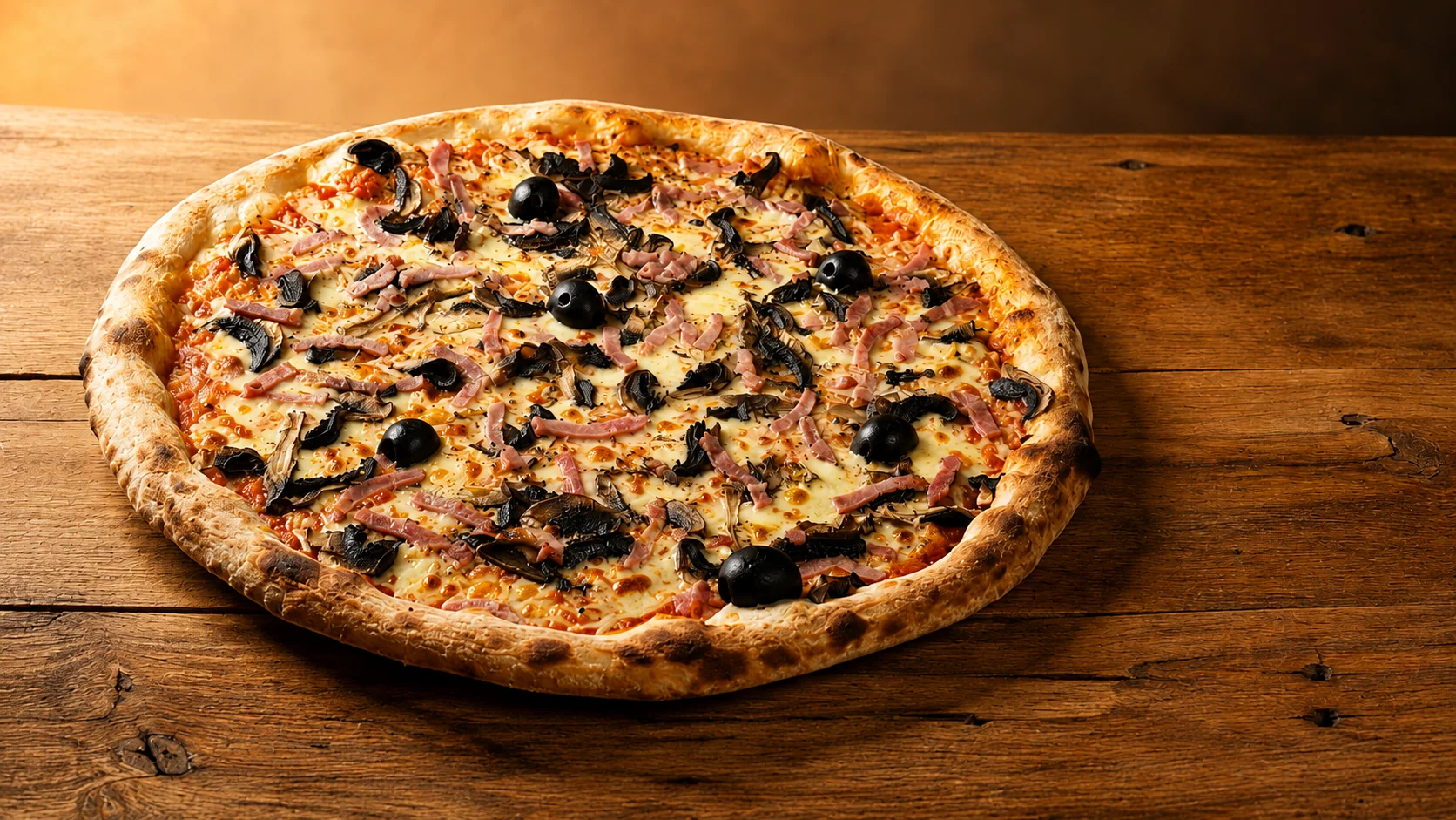 Pizza artisanale Luna Rossa, garnie de jambon, champignons et olives, sortie du four